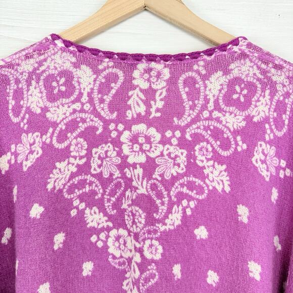 Sundance V-Neck Pullover Sweater Size L Petite Pink Boho Chic Paisley Floral - Picture 8 of 14